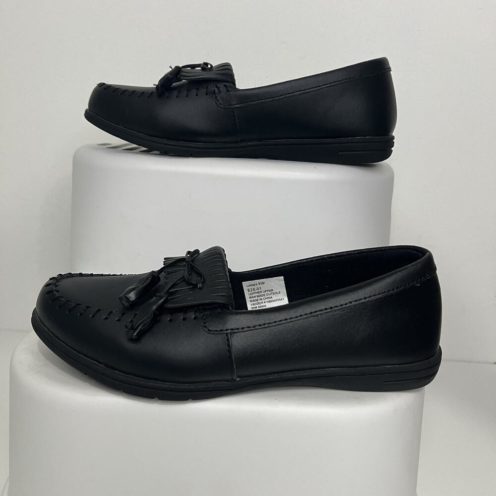 Dr Max Women’s Size 9W Black Leather Kilty Tassel Loafer Shoe Comfort Slip On